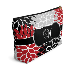 Personalized Makeup or Toiletry Bag - Red, Black & Gray Flower Burst - PH1