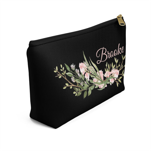 Personalized Makeup or Toiletry Bag - Black & Blush Pink Watercolor Flowers - PH7