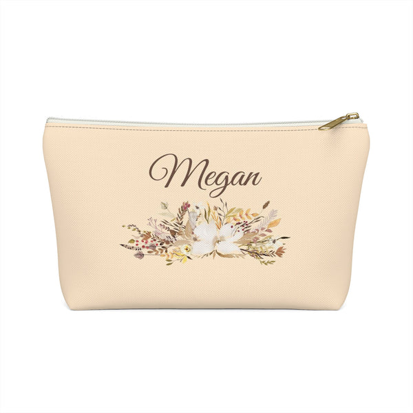 Personalized Makeup or Toiletry Bag - Beige & Brown Watercolor Flowers - PH8