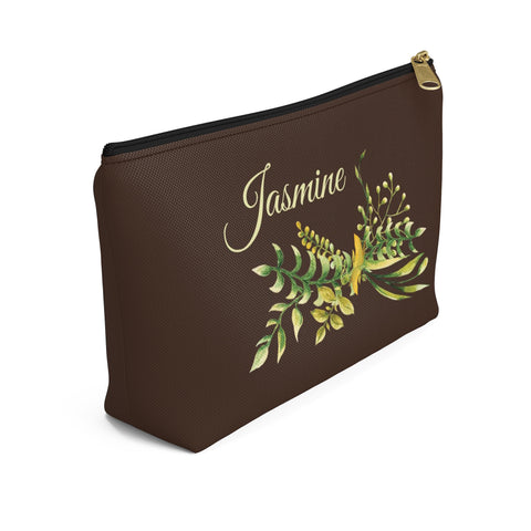Personalized Makeup or Toiletry Bag - Brown, Yellow & Green Watercolor Flowers -PH9