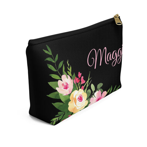 Personalized Makeup or Toiletry Bag - Black & Pink Watercolor Flowers - PH12
