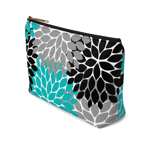 Personalized Makeup or Toiletry Bag - Black, Teal & Gray Flower Burst -PH15