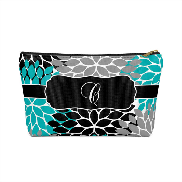 Personalized Makeup or Toiletry Bag - Black, Teal & Gray Flower Burst -PH15