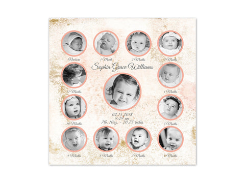 Coral Nursery Decor, Birth Stats Wall Art, My 1st Year Pictures, 1st Birthday Gift, Baby Keepsake, Grandparents Gift, Girl's Room Art - FR20