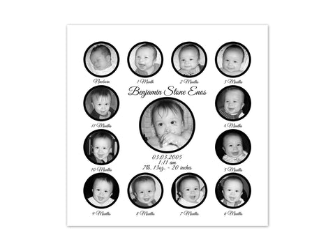 My First Year Photo Collage, Birth Stats CANVAS, Baby Boy Nursery Decor, 1st Birthday Gift, Baby Keepsake, Black and White Nursery - FR25