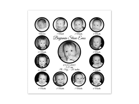My First Year Photo Collage, Birth Stats CANVAS, Baby Boy Nursery Decor, 1st Birthday Gift, Baby Keepsake, Black and White Nursery - FR25