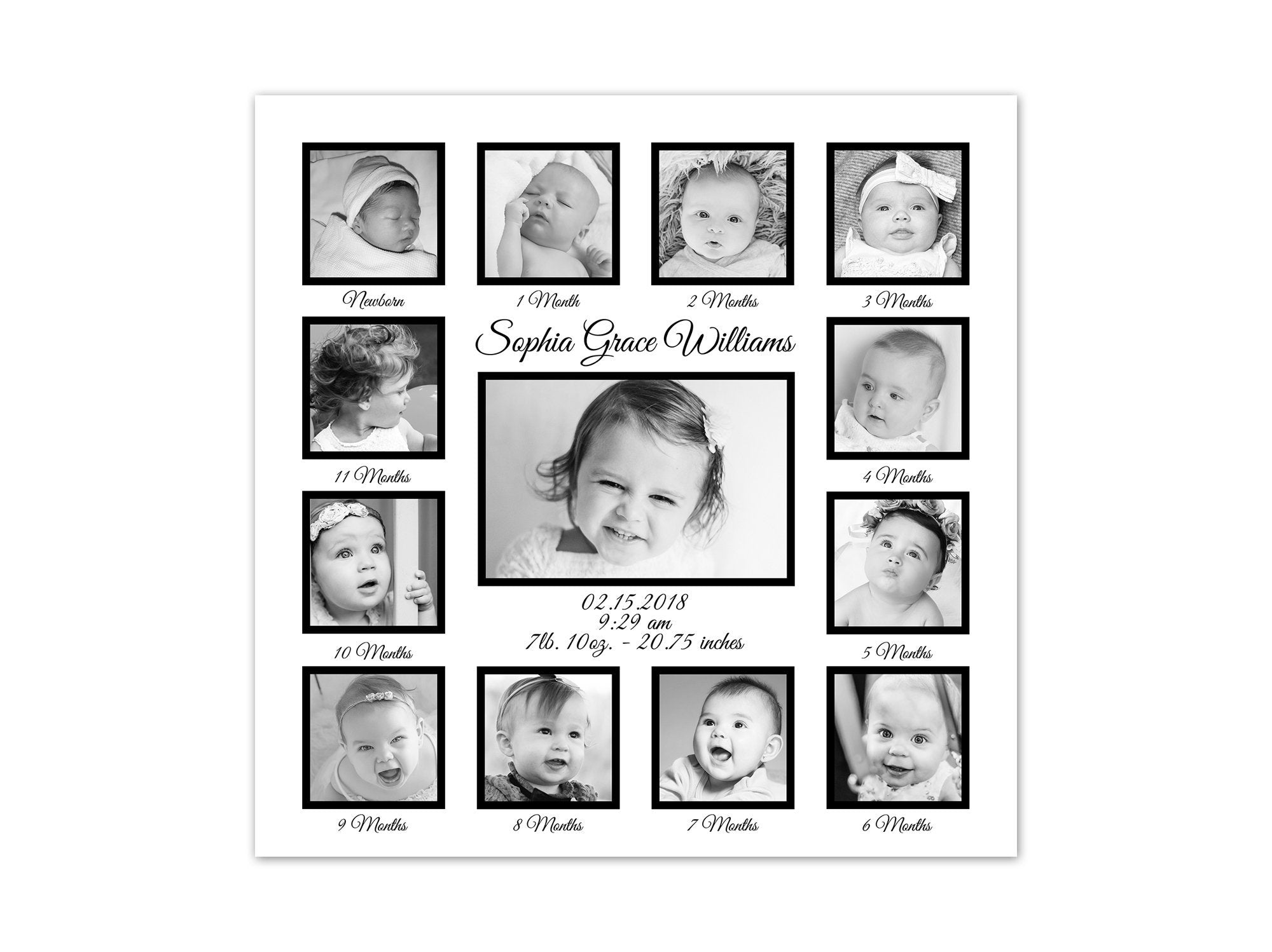 My 1st Year Pictures, Black White Nursery, Birth Stats Art Print, 1st Birthday Gift, Baby Keepsake, Grandparents Gift, Girls Room Art - FR26