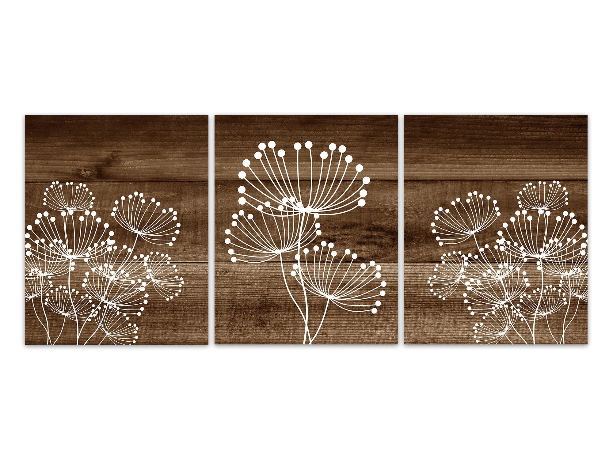White Dandelion Art, Rustic Home Decor CANVAS, Bathroom Wall Decor, Brown Wood Effect Dandelion Bedroom Decor, Nursery Wall Art - HOME508