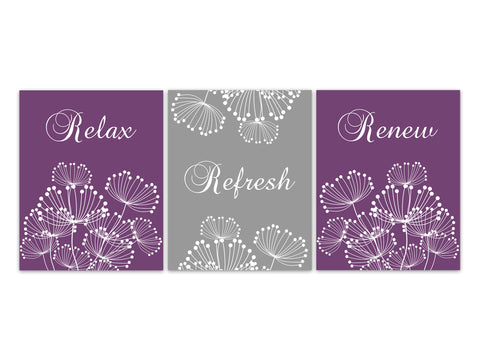 Purple Bathroom CANVAS, Relax Refresh Renew, Dandelion Wall Art, Dandelion Bathroom Decor, Purple and Gray Bathroom, Floral Bath - BATH326