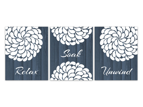 Blue Farmhouse Decor, Relax Soak Unwind, Blue Bathroom Wall Art Prints or Canvas, Floral Bathroom Decor, Farmhouse Bathroom - BATH307