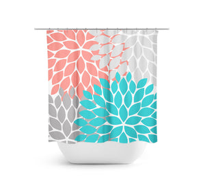 Coral, Aqua & Gray Flower Burst Fabric Shower Curtain - SHOWER46