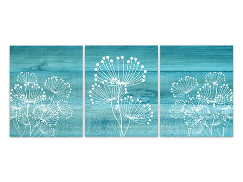 White Dandelion Art, Farmhouse Home Decor CANVAS, Bathroom Wall Decor, Aqua Wood Effect Dandelion Bedroom Decor, Nursery Wall Art - HOME507