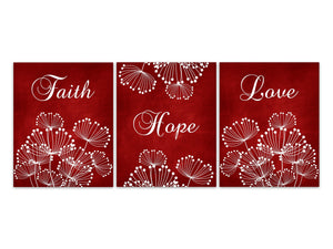 Faith Hope Love, Bible Verse Art, Red Wall Decor, Home Decor CANVAS, Living Room Decor, Dandelion Art Prints, 1 Corinthians 13 - HOME515