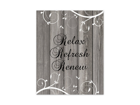 Scroll Bathroom Wall Art - Gray Wood Effect & Black Decor "Relax Refresh Renew" - BATH310