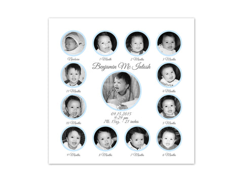 Baby's First Year Photo Collage, Baby Boy Nursery Decor, First Birthday Gift, Baby Keepsake, Blue and White Nursery, Birth Stats Art - FR1