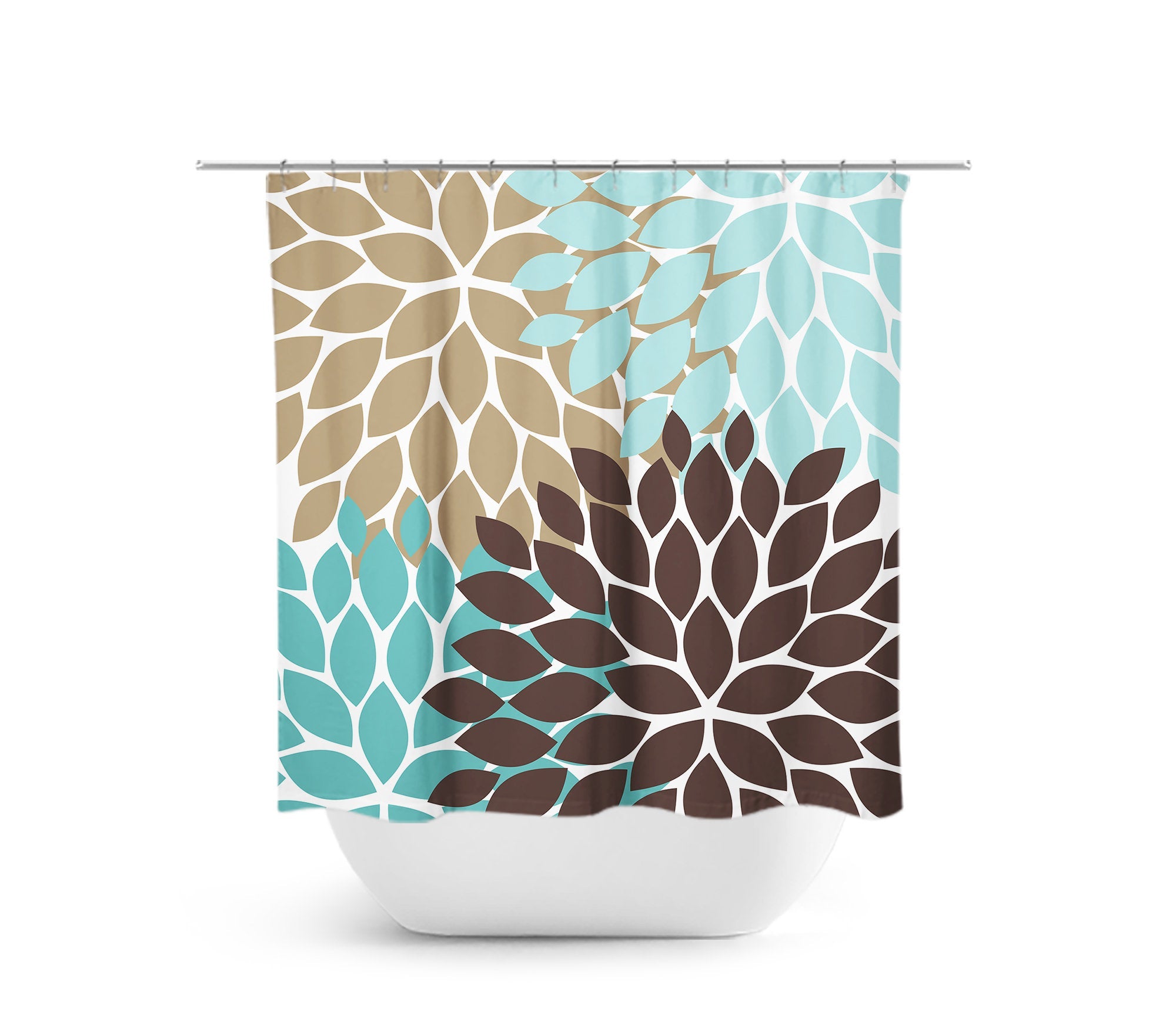 Aqua, Brown & Beige Flower Burst Fabric Shower Curtain - SHOWER58