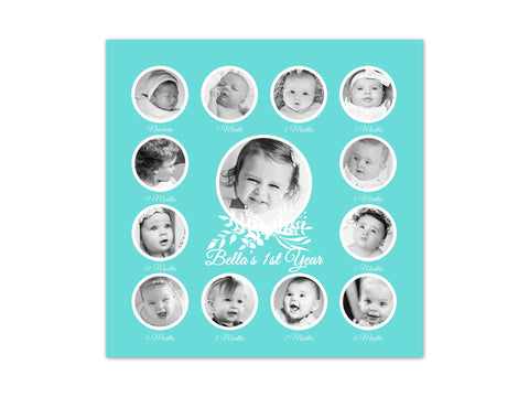 First Birthday Gift, Baby Girl Room Aqua Nursery, Baby's 1st Year Photo Collage, Baby Keepsake, Turquoise Nursery CANVAS or PRINT - FR15