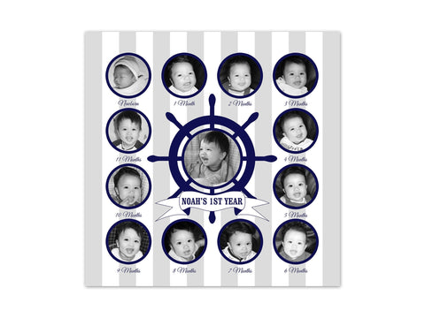Gray White Stripe Nautical Nursery CANVAS, Baby Keepsake, First Birthday Gift, Baby's First Year Photo Collage, Playroom Wall Decor - FR24