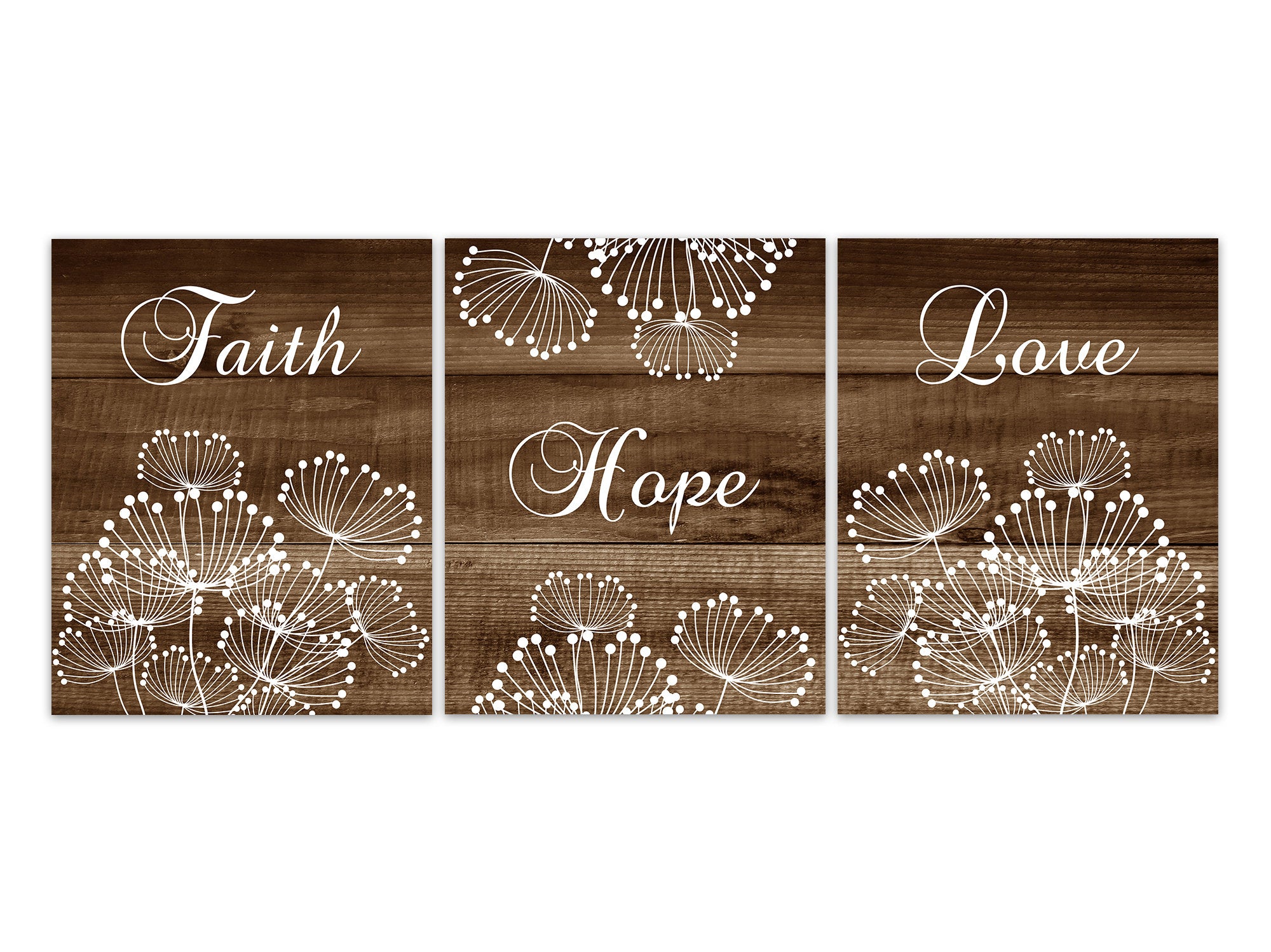 Faith Hope Love, Farmhouse Wall Decor, Rustic Home Decor CANVAS, Living Room Decor, Dandelion Prints, 1 Corinthians 13, Bible Verse -HOME517