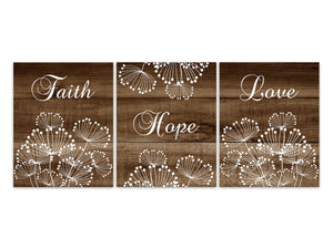 Faith Hope Love, Farmhouse Wall Decor, Rustic Home Decor CANVAS, Living Room Decor, Dandelion Prints, 1 Corinthians 13, Bible Verse -HOME517