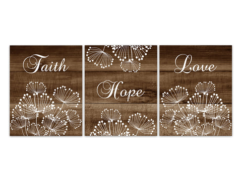 Faith Hope Love, Farmhouse Wall Decor, Rustic Home Decor CANVAS, Living Room Decor, Dandelion Prints, 1 Corinthians 13, Bible Verse -HOME517
