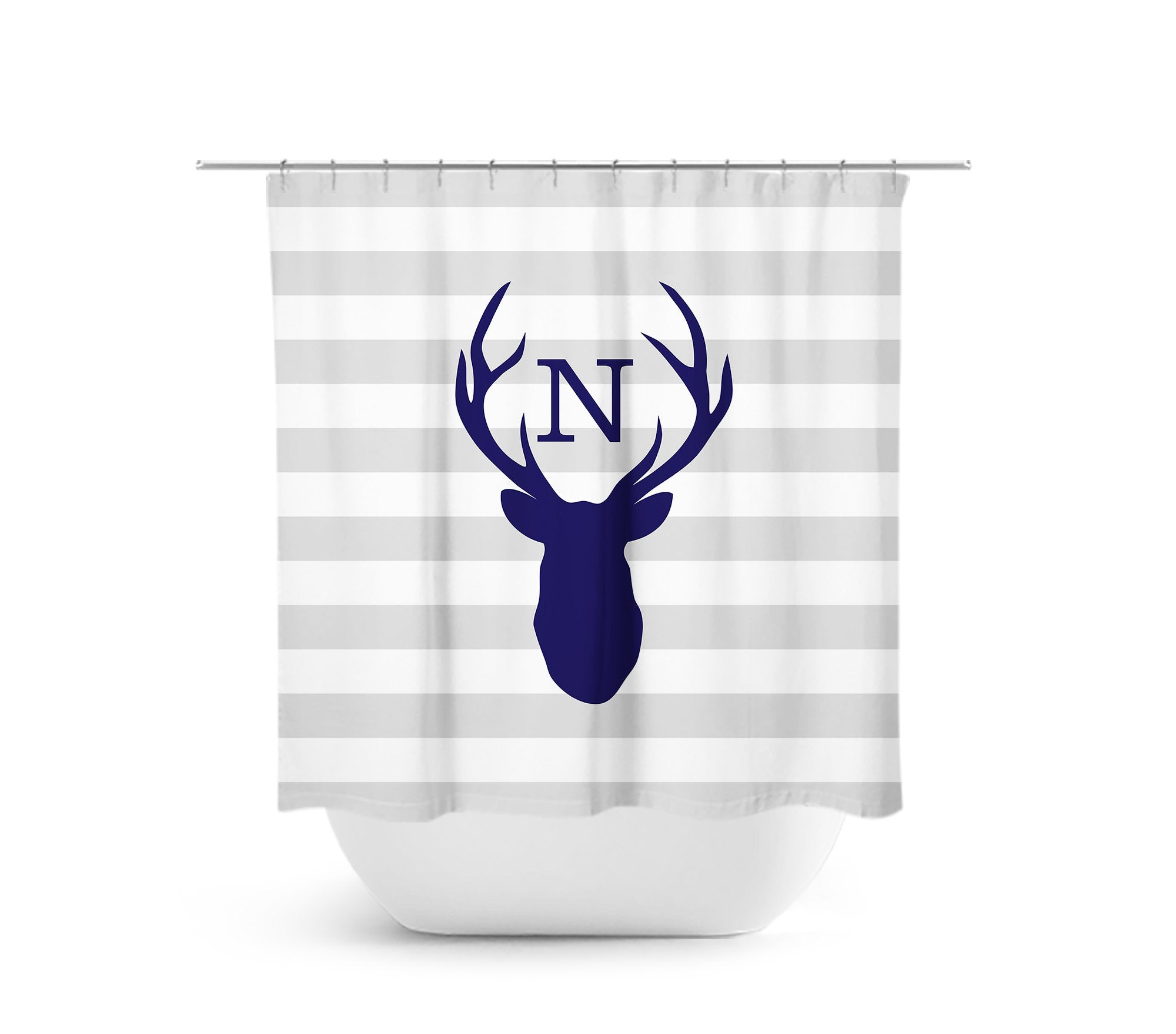 Gray Stripe & Blue Monogram Deer Antler Fabric Shower Curtain - SHOWER50