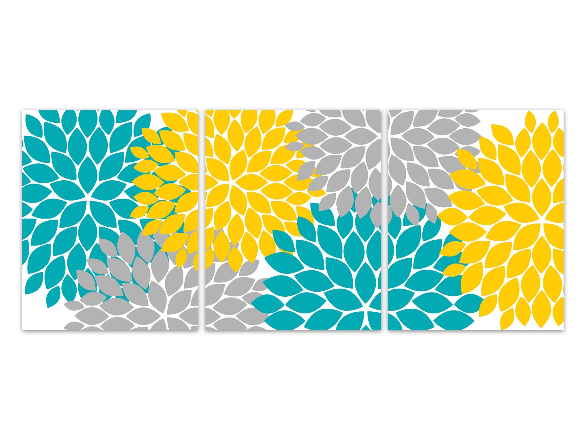Yellow Teal Grey Flower Burst Art, Home Decor Wall Art CANVAS and PRINTS, Bathroom Wall Decor, Turquoise Yellow Bedroom Decor - HOME458
