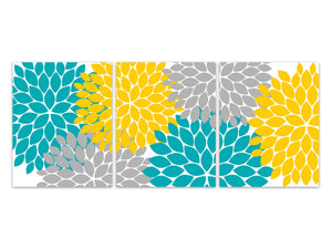 Yellow Teal Grey Flower Burst Art, Home Decor Wall Art CANVAS and PRINTS, Bathroom Wall Decor, Turquoise Yellow Bedroom Decor - HOME458