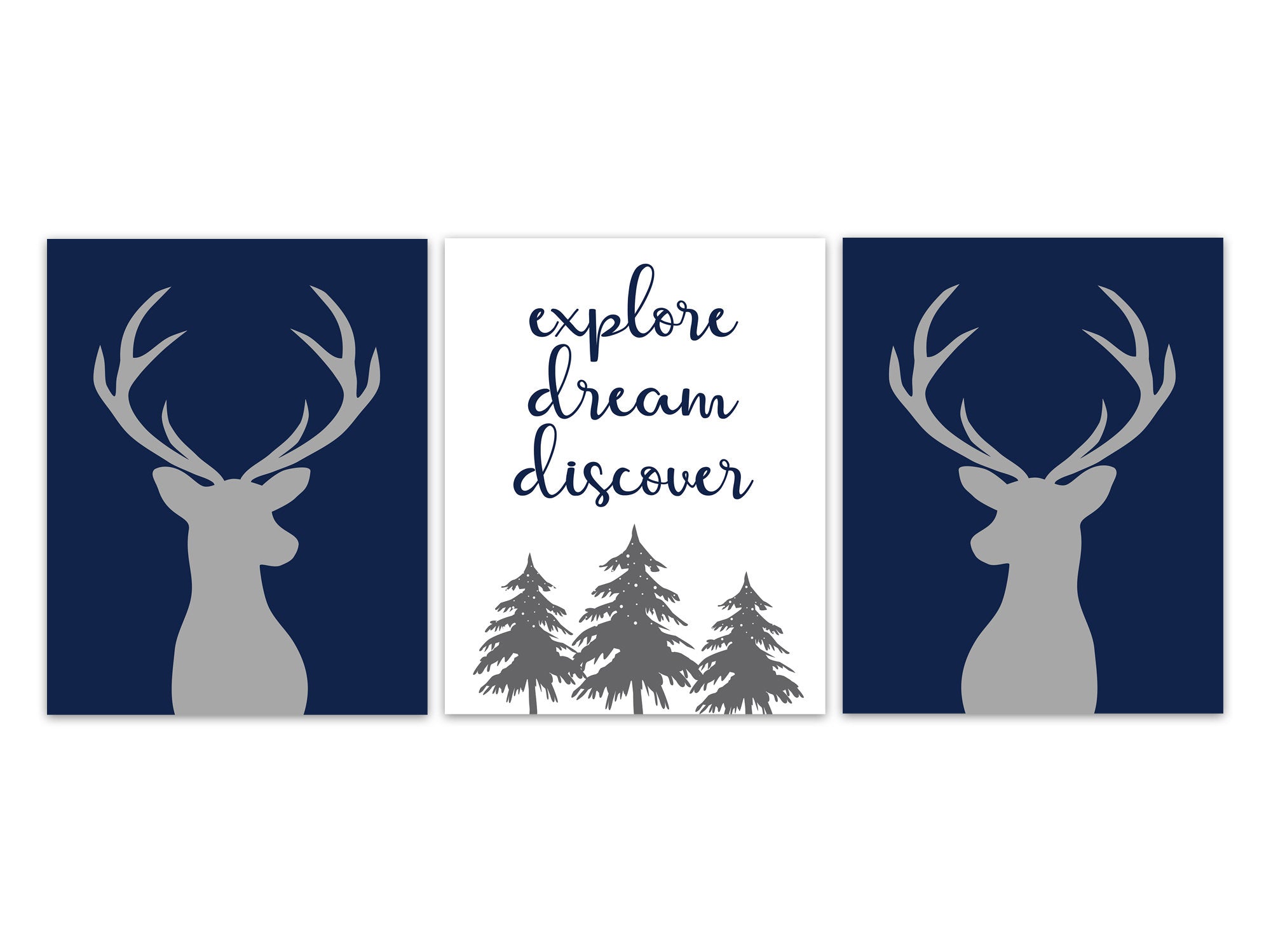 Explore Dream Discover Woodland Nursery Prints or CANVAS, Blue Nursery Decor, Deer Antler Wall Art, Baby Boys Room, Playroom Art - KIDS315