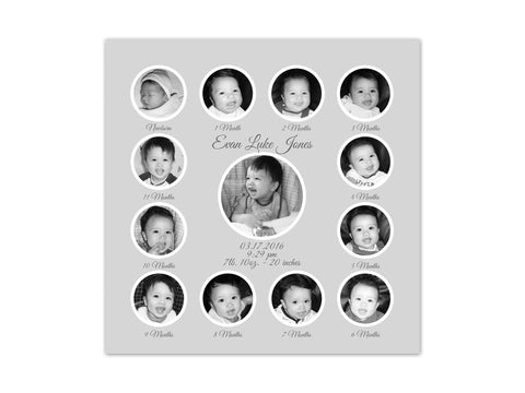 Birth Stats Art, Baby's 1st Year Photo Collage, Grandparents Gifts, 1st Birthday Gift, Baby Keepsake, Gray and White Nursery Canvas - FR7