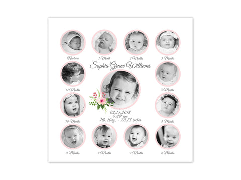 Girl Nursery Decor, Birth Stats Art, Baby's 1st Year Pictures, 1st Birthday Gift, Baby Keepsake, Grandparents Gift, Mothers Day Gift - FR8