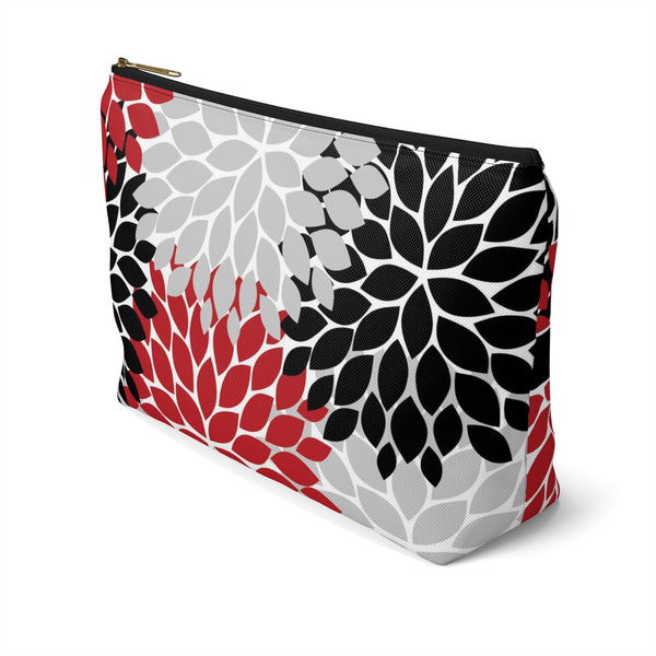 Personalized Makeup or Toiletry Bag - Red, Black & Gray Flower Burst - PH1