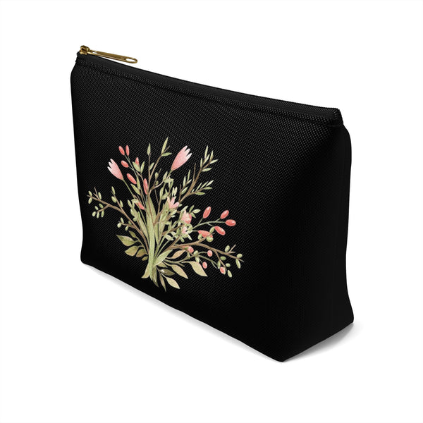 Personalized Makeup or Toiletry Bag - Black & Blush Pink Watercolor Flowers - PH7