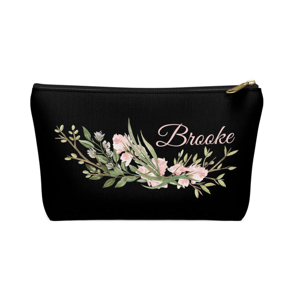 Personalized Makeup or Toiletry Bag - Black & Blush Pink Watercolor Flowers - PH7