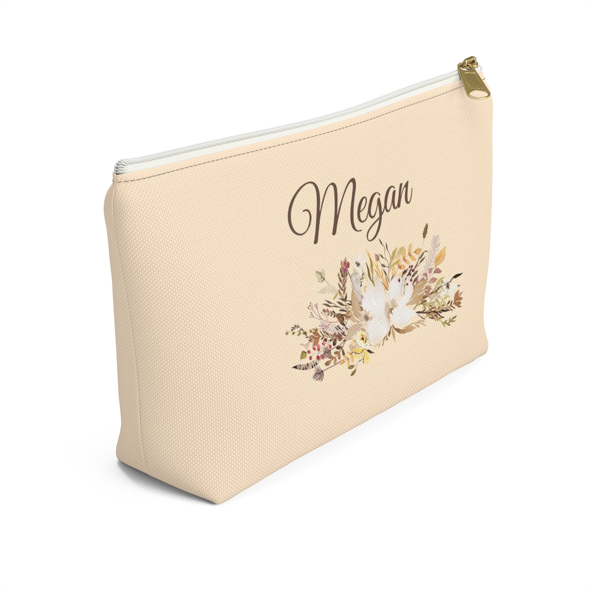 Personalized Makeup or Toiletry Bag - Beige & Brown Watercolor Flowers - PH8