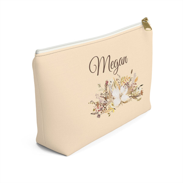 Personalized Makeup or Toiletry Bag - Beige & Brown Watercolor Flowers - PH8