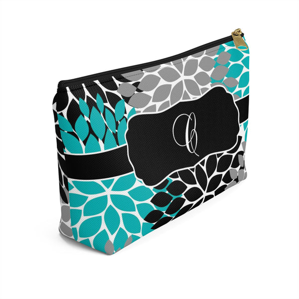 Personalized Makeup or Toiletry Bag - Black, Teal & Gray Flower Burst -PH15