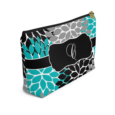 Personalized Makeup or Toiletry Bag - Black, Teal & Gray Flower Burst -PH15