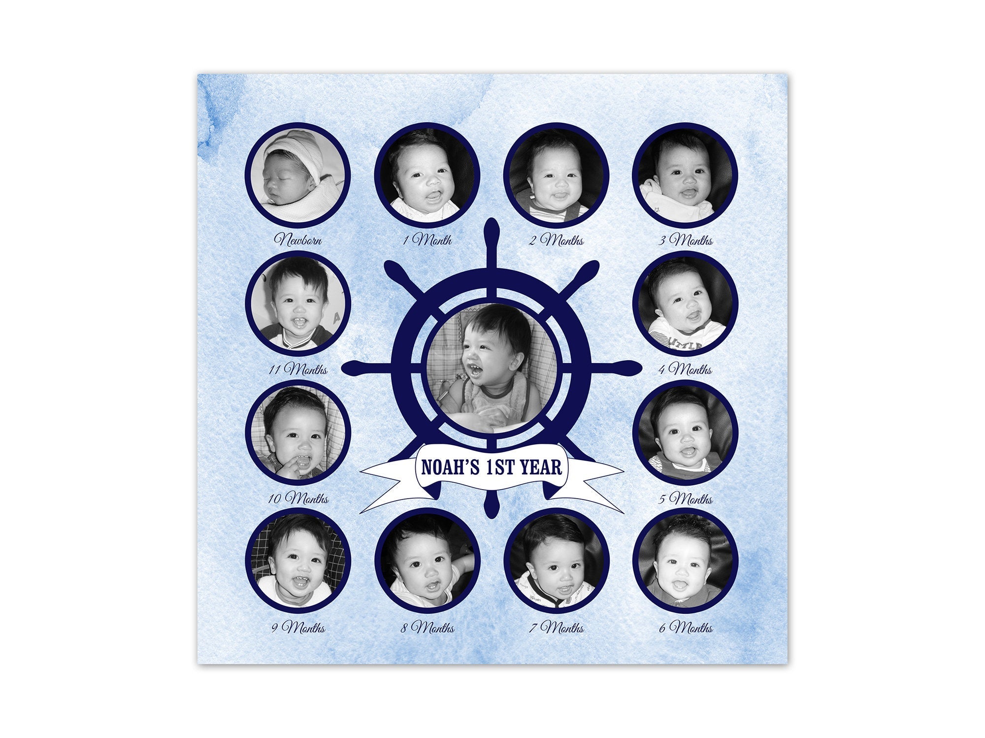 My First Year Pictures Collage, Blue Nautical Nursery CANVAS, Baby Keepsake Decor, 1st Birthday Gift, Playroom Decor, Nautical Baby - FR21