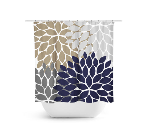 Blue, Beige & Gray Flower Burst Fabric Shower Curtain - SHOWER60