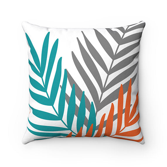Throw Pillow, Teal Orange Gray, Palm Leaves Pillow Cover, Accent Pillow, Tropical Home Decor, Aqua and Orange Pillow, Teal Pillow - PIL111