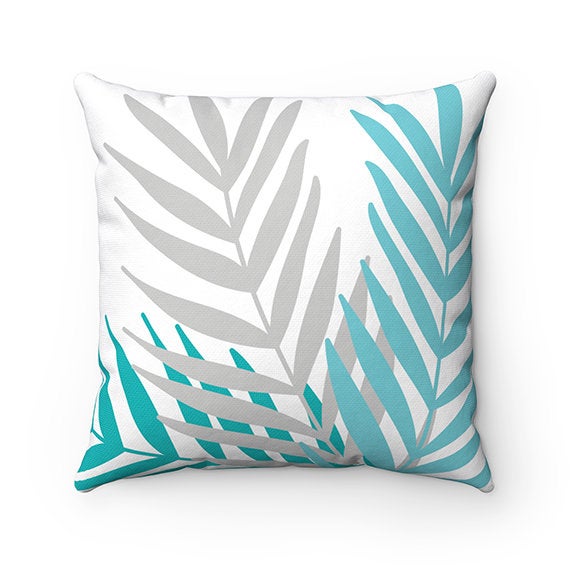 Aqua Throw Pillow Cover, Palm Leaves Pillow Cover, Accent Pillow, Tropical Home Decor, Aqua and Gray Pillow Cover, Aqua Teal Pillow - PIL110