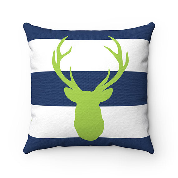 Blue Green Woodland Decor, Deer Head Antlers Pillow Cover, Boys Room Decor, Woodland Nursery Pillows, Blue Stripe Pillow Cover - PIL102
