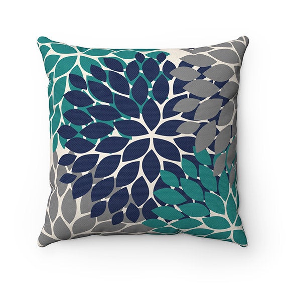 Blue, Turquoise & Gray Flower Burst Decorative Throw Pillow - PIL98