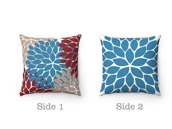 Red Blue Tan Pillow Covers Flower Burst Pillow Cover Throw