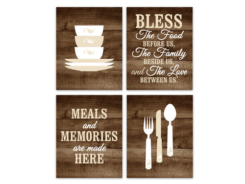 Rustic Dining Room 4pc Art, "Meals & Memories Are Made Here", "Bless the Food Before Us" - HOME513