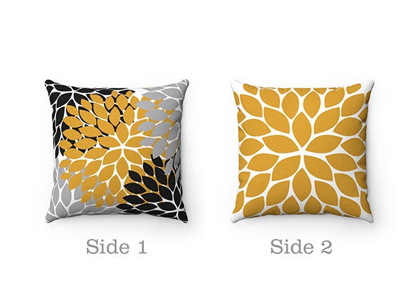 Yellow and Black Pillow Covers, Flower Burst Pillow Cover, Mustard Throw Pillow Cover, Nursery Pillow, Yellow Home Decor, 18x18 - PIL90