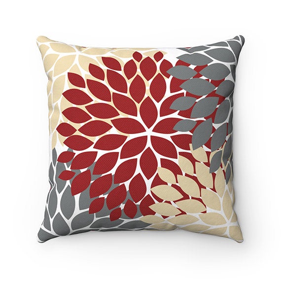 Red Beige Gray Pillow Covers, Flower Burst Pillow Cover, Red Throw Pillow Cover, Accent Pillow, Modern Home Decor, Nursery Pillow - PIL87