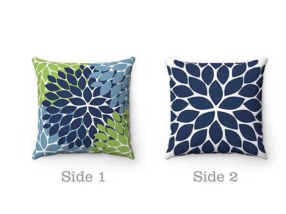 Green and Blue Throw Pillow Cover, Green Pillow, Blue Floral Accent Pillow, Couch Cushion, Modern Home Decor, Blue Dahlia Bedroom - PIL77
