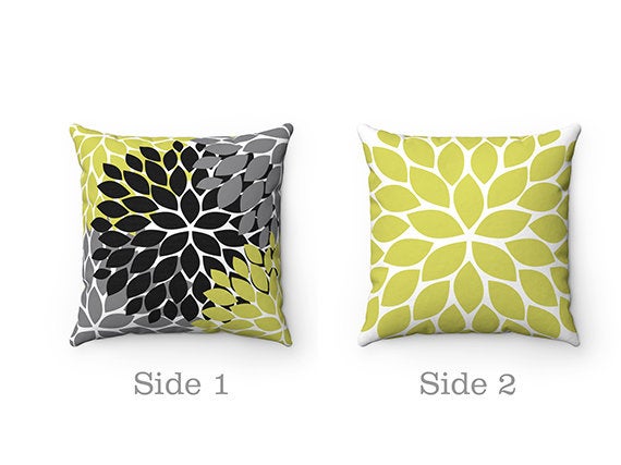 Green Black Gray Throw Pillow Cover, Apple Green Pillow, Green Gray Floral Accent Pillow, Couch Cushion, Black ad Green Home Decor - PIL76